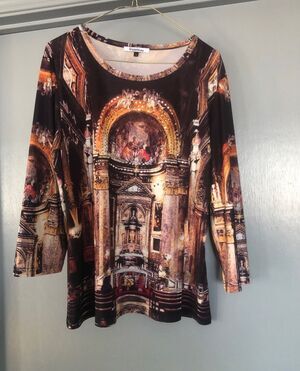 Violet Ruby size L rhinestones printed Scoop Neck 3/4 sleeve Top